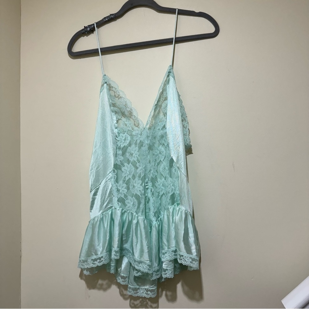 Women’s Vintage Val Mode Blue Lace Sheer Silky Sexy Lingerie Tank Top Size: L